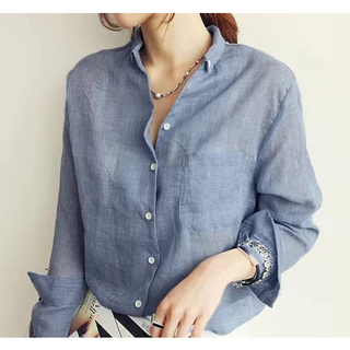 พร้อมส่งจากไทยเสื้อเชิ้ตแขนยาว ผ้าฝ้าย และผ้าลินิน แบบบาง ป้องกันแดด สําหรับผู้หญิง