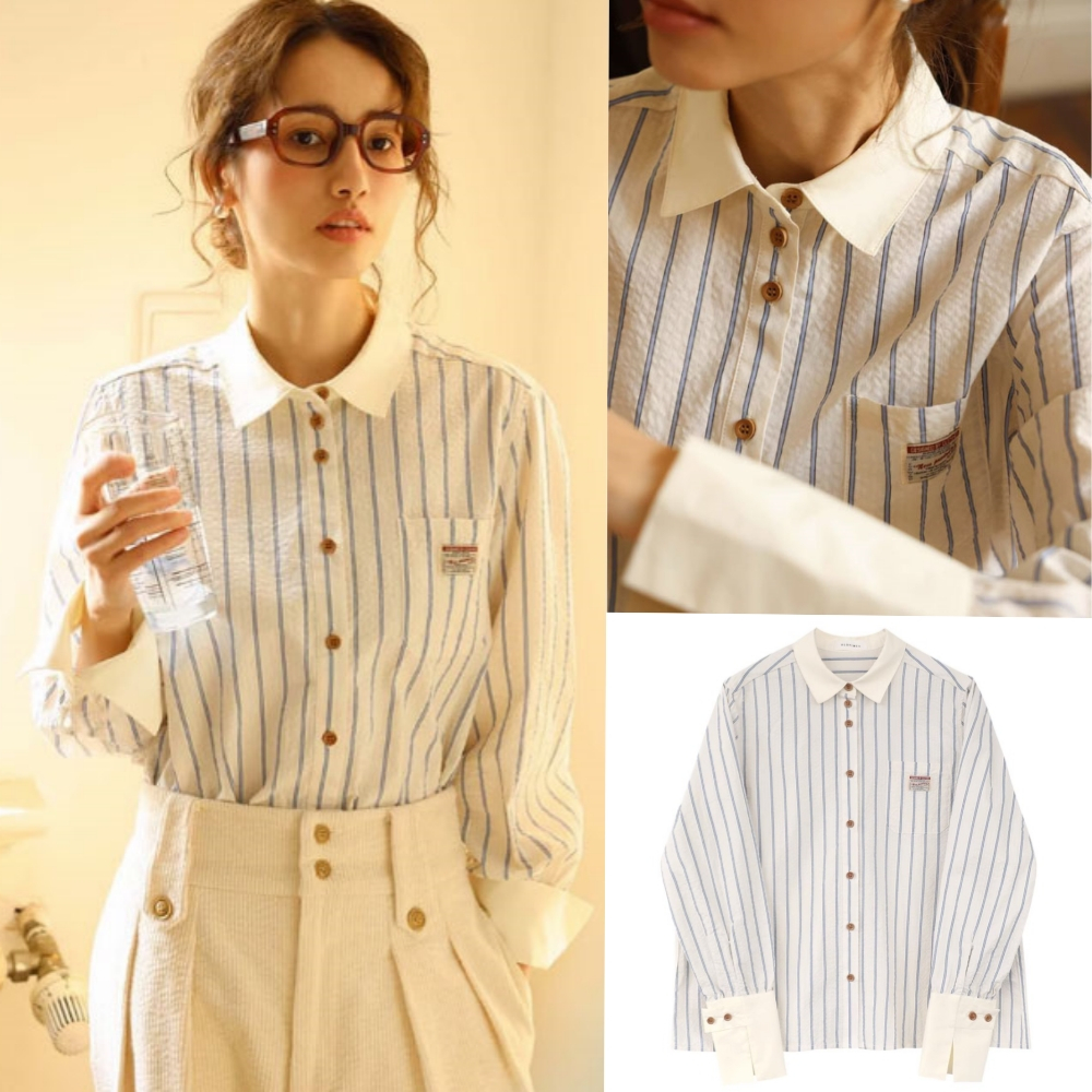 MCB3022 ใหม่ เสื้อเชิ้ตลําลอง แขนยาว / ลายทาง / คอปกตั้ง ติดกระดุม แฟชั่นสําหรับผู้หญิง free size