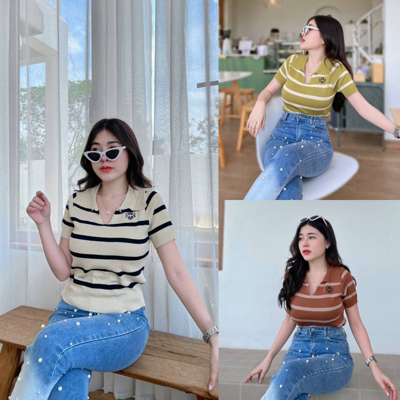 🌈 SpinnyHouse 🌈เสื้อครอป ทรงคอปกแขนสั้น 🐰ผ้ายืดตามตัว ลิลลี่ รุ่น คอปกเดซี่ B-022-2-B