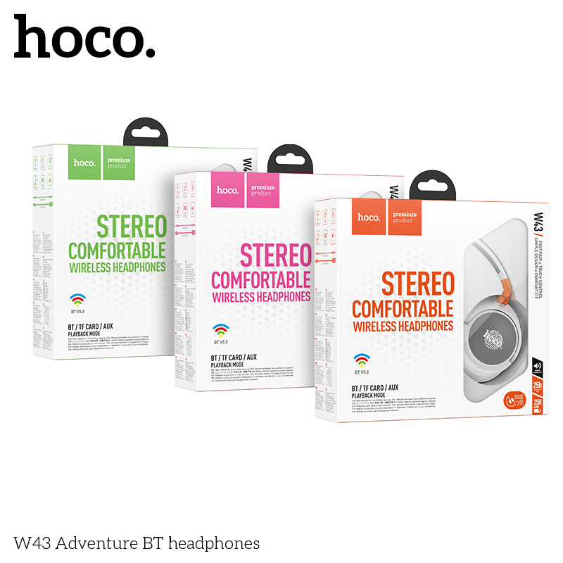 HOCO W43 หูฟังบลูทูธ BT 5.3 สีสันสดใส พับเก็บได้ ใส่สบาย คุณภาพดี HiFi Audio รองรับสาย AUX / TF Card แบต 25ชม เฮดโฟน hc3