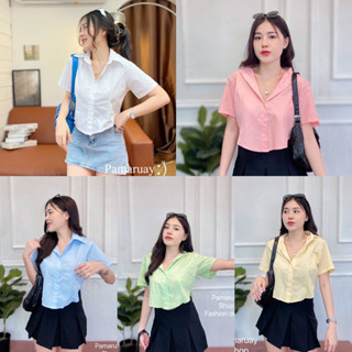 เสื้อเชิ้ตทรงครอปเเขนสั้น ชายโค้ง ผ้าcotton shirt 100%