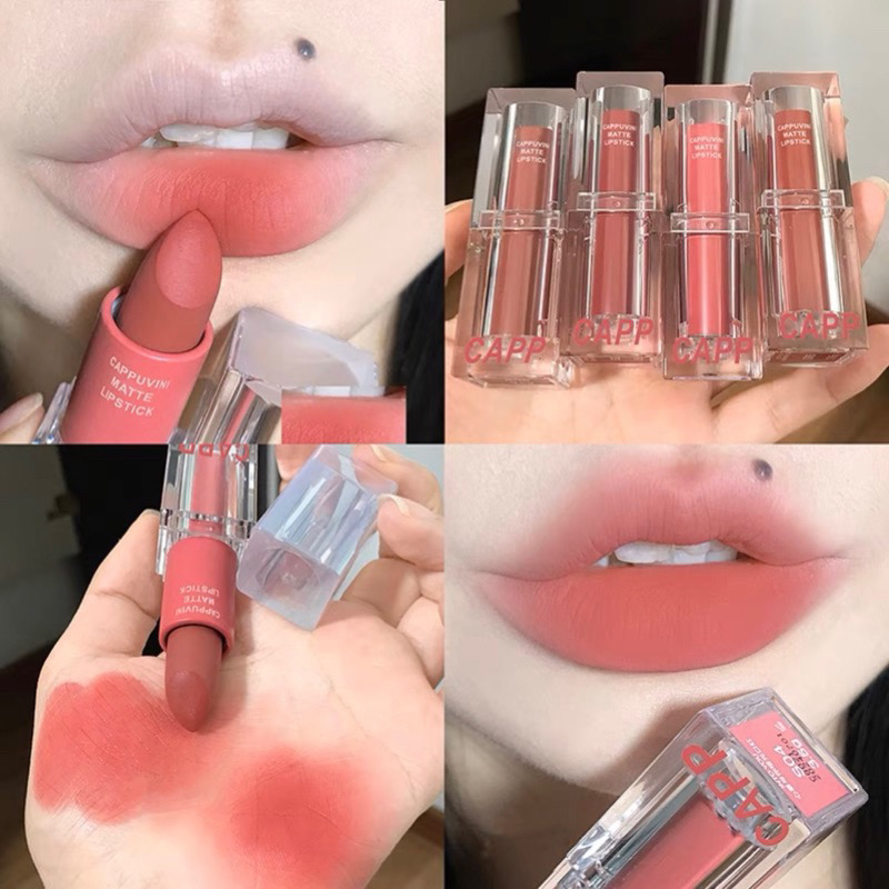 L-08🌟Cappuvini ลิปสติก เนื้อแมตต์ กํามะหยี่ หลอดใส 6 สี อะคริลิคใส กันน้ํา กันเหงื่อ ติดทนนาน