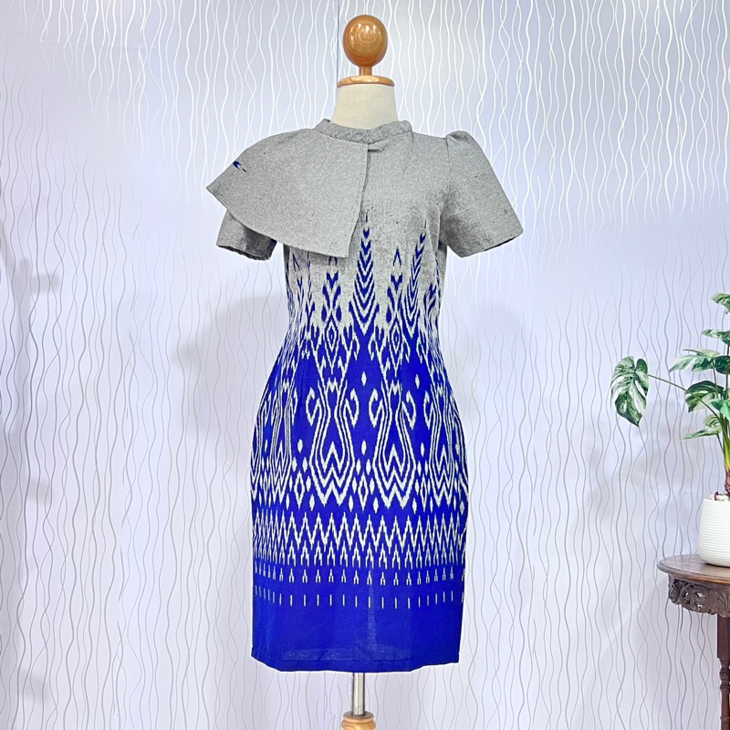 Yatinun เดรสผ้าไทยสีเทา กรม ผ้าทออัดกาวทั้งชุด งานป้าย RADA THAI FASHION