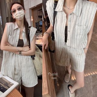 🌈🌿🌼🌺🌸🤎🧡🇰🇷 Linen Stripe Sleeveless Shirt &amp;Short Pant Set