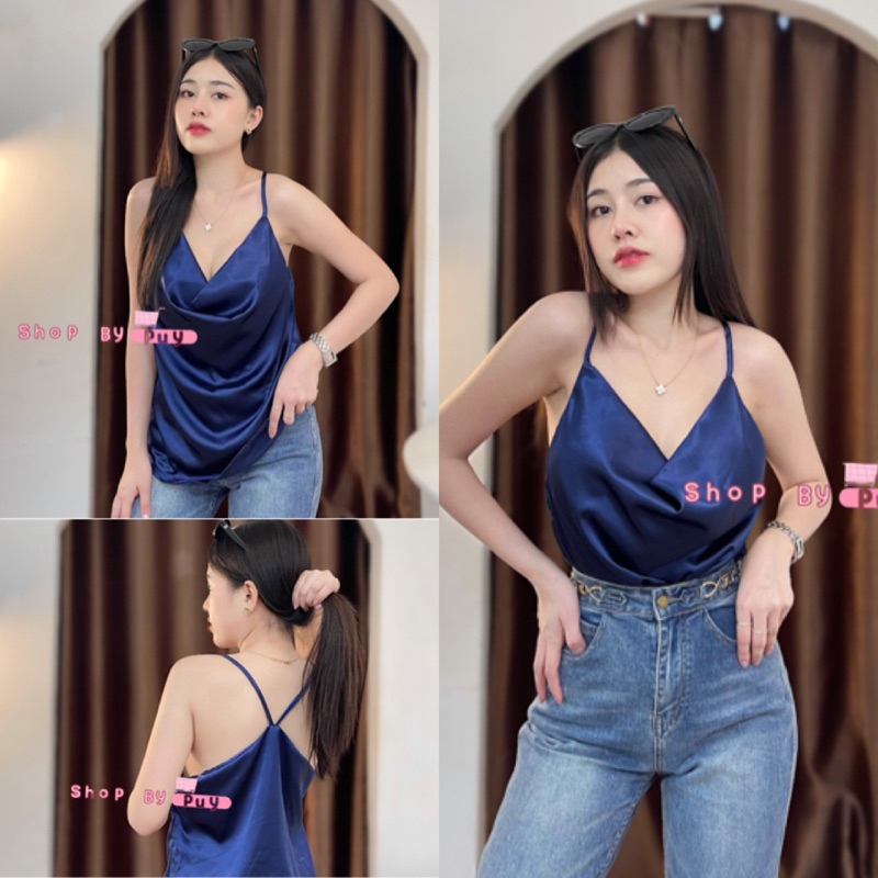 เสื้อสายเดี่ยวคอถ่วงผ้าซาตินเสื้อสายฝอ