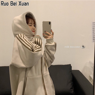 Ruo Bei Xuan เสื้อสเวตเตอร์ผ้าฟลีซสไตล์เกาหลีใหม่ของผู้หญิงมีฮู้ดหลวมทุกการแข่งขันแจ็คเก็ตคาร์ดิแกนซิป