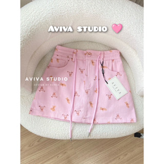 Aviva studio 🧸🩷กางเกงกระโปรงยีนส์สีชมพูลายเท็ดดี้