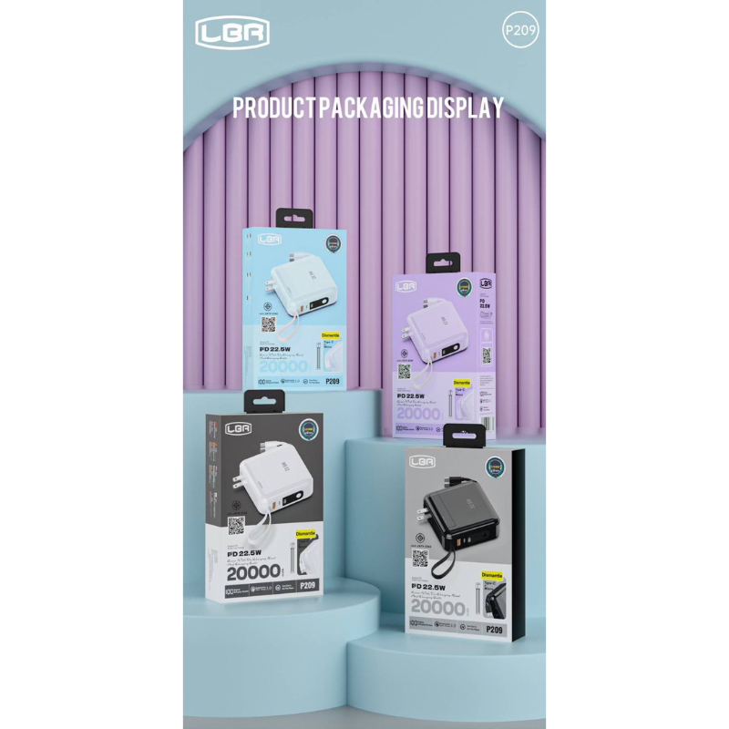 LBR P209 แบตสำรอง LUOBR P209 20000mAh QC3.0+PD22.5W พร้อมปลั๊กไฟ / สายชาร์จในตัว มีหน้าจอ LED (แท้10