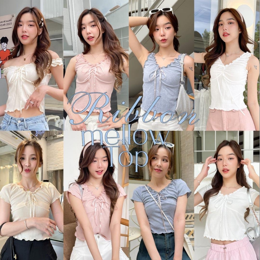 Tanks & Camisoles 250 บาท Choosedress A1895 Ribbonmellow Top A1897 เสื้อยืด เสื้อแขนกุดสม็อคขอบระบาย Women Clothes