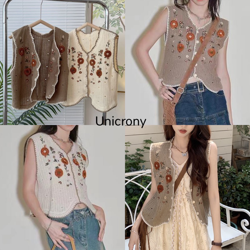 Unicrony พร้อมส่ง เสื้อกั๊กไหมพรม ปักลายดอกไม้ มีกระดุม สไตล์มาตาลดา โบฮีเมียน