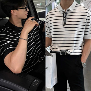 TERRY STRIPED POLO เสื้อโปโลลายทางสไตล์เกาหลี