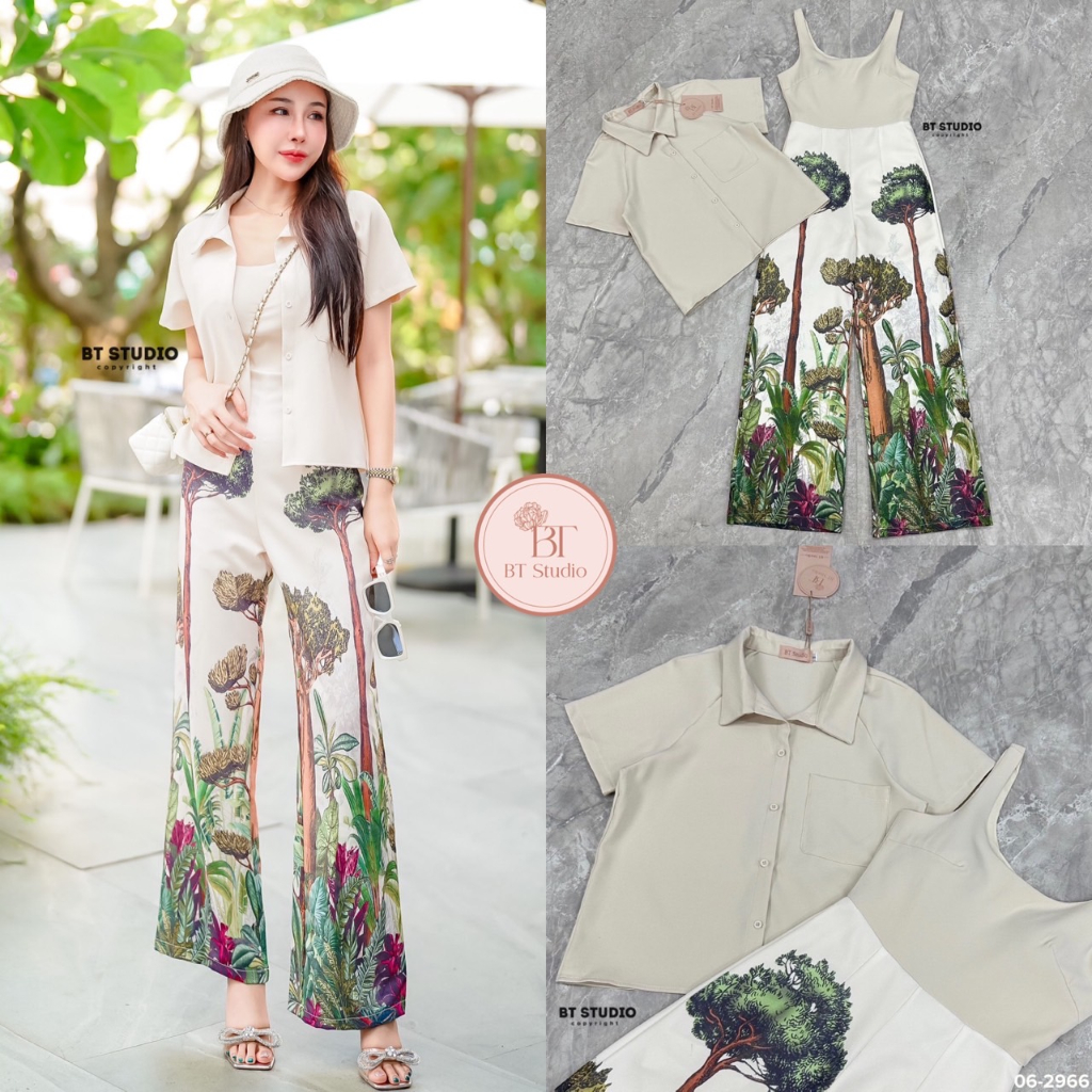 Size M 06-2966 BT studio Set 2 pcs จั๊มสูทกางเกงขายาวสายเดี่ยว + เสื้อเชิ้ตแขนสั้นคอปก