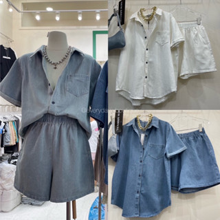 Denim Set🤍🩵💙(520฿ฟรีส่ง) Set ยีนส์รุ่นใหม่ แบบใหม่ แบบเอยเกาหลี เสื้อเชิ้ตแขนสั้นปลายแขนพับเบิ้ล แต่งกระเป๋า malista