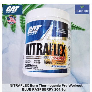 GAT - Nitraflex Burn Thermogenic Pre-Workout, Blue Raspberry 204.9g อาหารเสริมก่อนออกกำลังกาย พรีเวิร์คเอาท์ เพิ่มแรง