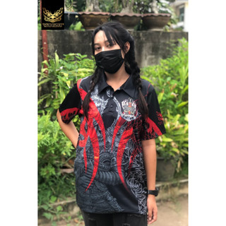 YAKZA ลาย 001 เสื้อคอปกลายยักษ์ แขนสั้น โปโล  ชาย หญิง แบบกระดุม ผ้าบาง ไม่ร้อน ใส่สบาย