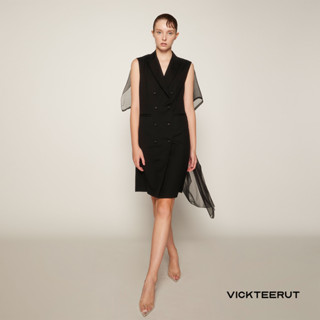 VICKTEERUT Suit Collar Double breasted Shift Dress with Silk  Frill เดรสปกสูท กระดุมสองแถว ตกแต่งไหมชีฟอง DRY CLEAN ONLY