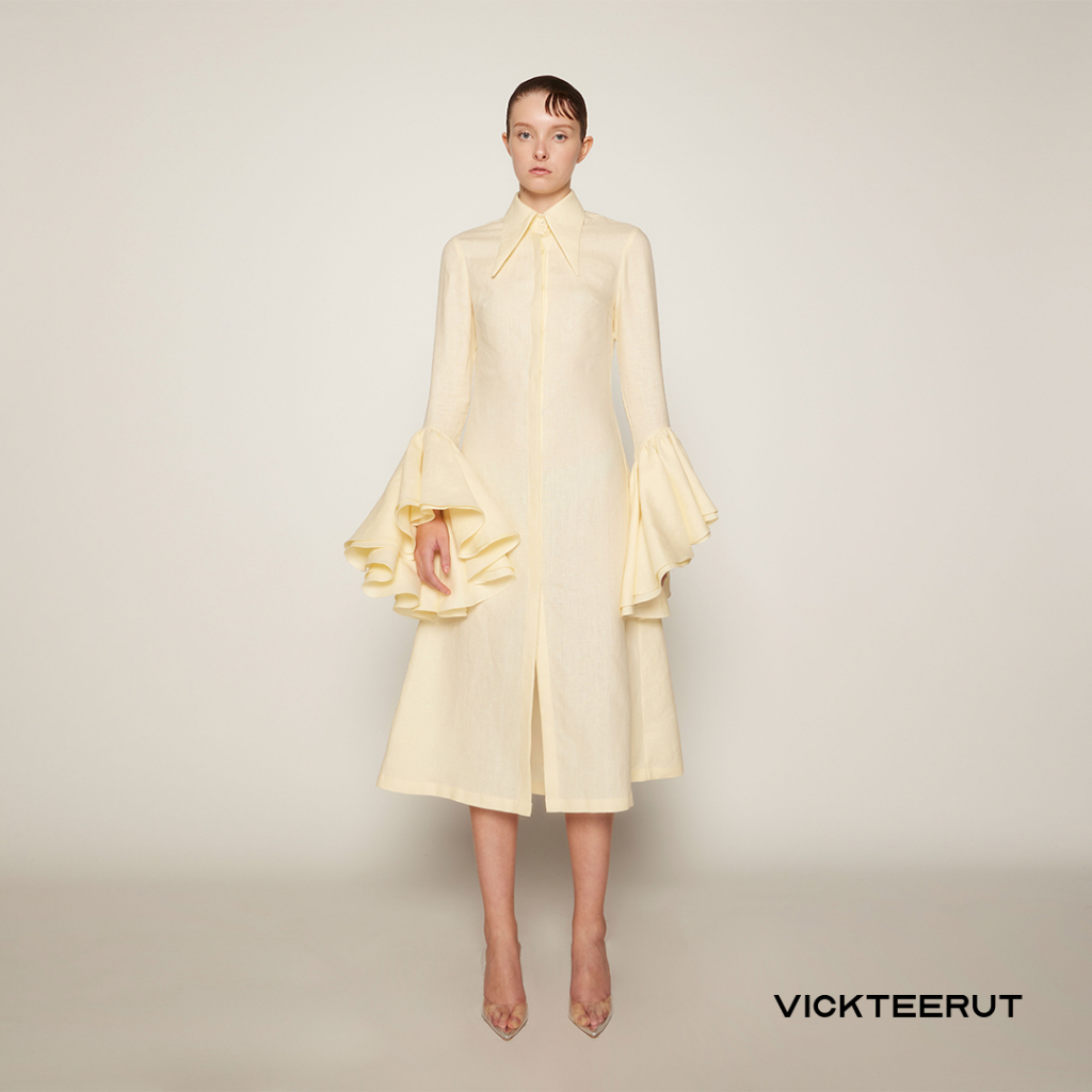 VICKTEERUT Point Collar Shirt Dress with Ruffle Cuff เชิ้ตเดรส ปกแหลม ปลายแขนระบาย