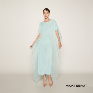 VICKTEERUT Short Sleeve Jersey Dress with Silk  Back เดรสแขนสั้น ตัดต่อไหมชีฟอง DRY CLEAN ONLY