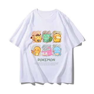 Pokemon อนิเมะ เสื้อยืด Pikachu Psyduck Charmander Bulbasaur เสื้อยืดแขนสั้นผ้าฝ้ายฤดูร้อน