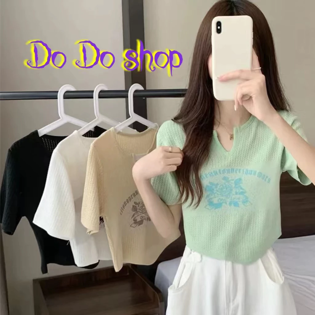 DoDo เสื้อดรอปไหมพรม แขนสั้น พิมพ์ลายดอกกุหลาบ ตัวเสื้อฉลุ 56063