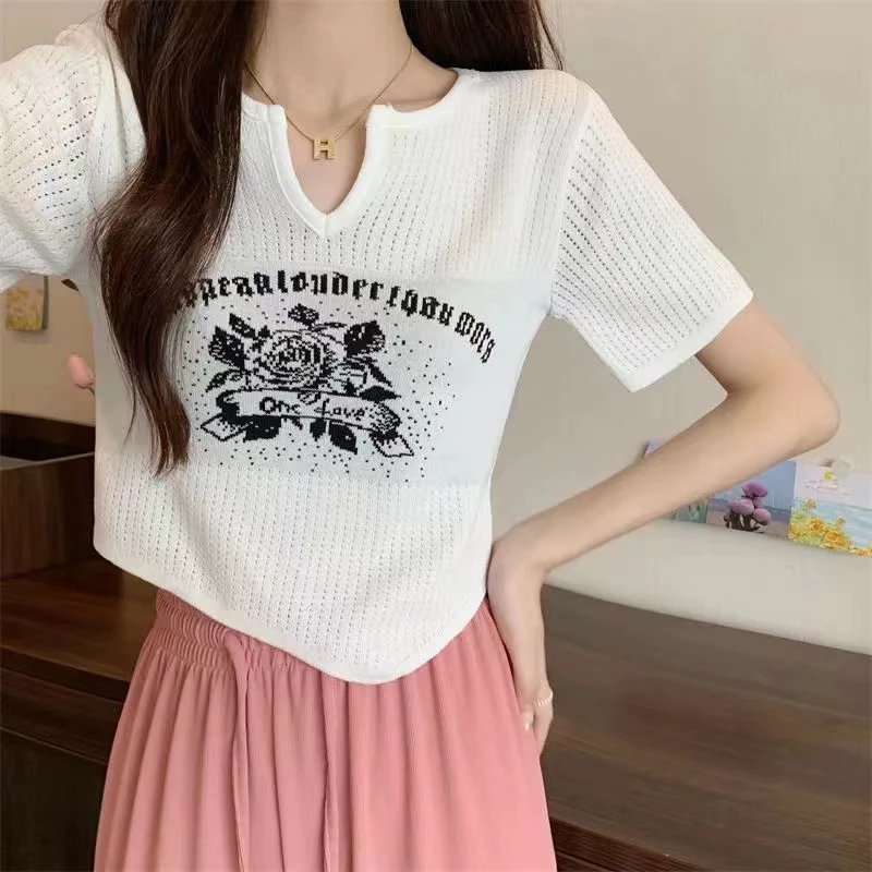 DoDo เสื้อดรอปไหมพรม แขนสั้น พิมพ์ลายดอกกุหลาบ ตัวเสื้อฉลุ 56063 thumbnail 5
