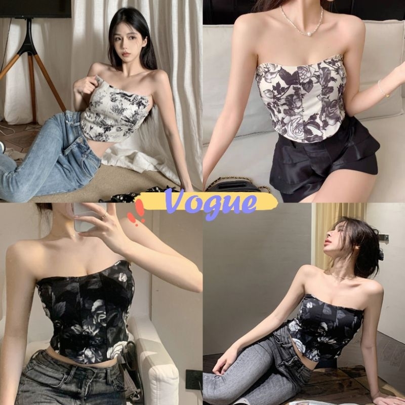 Vogue พร้อมส่ง เสื้อเกาะอก มีฟองน้ำ เสื้อท่อนบนลายดอกไม้ไม่สม่ำเสมอ สม๊อคด้านหลัง (19143/FY191/FY2309) -C