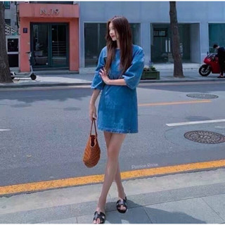 half sleeve denim mini dress น่ารักสวยใสสไตล์เกาหลีมาแล้วจ้ากับมินิเดรสเนื้อยีนส์ทรงสวยดีเทลแขนครึ่งเกร๋ๆ