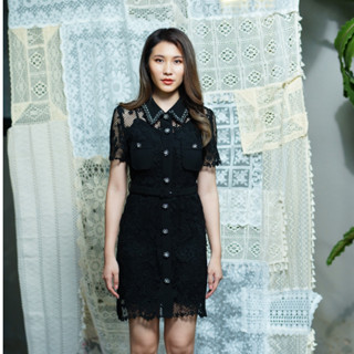 SP332S : Black Lace Button Front Mini Dress