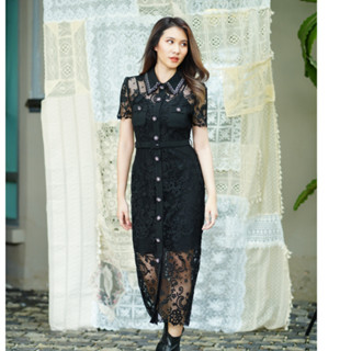 SP333BK : Black Lace Button Front Dress