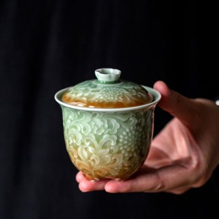 celadon gradation peony gaiwan teapot for home brewing teapot hand embossed teapot chinese style kungfu teapot