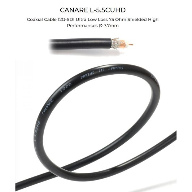 12G-SDI L-5.5CUHD (1-20M) Canare สายสัญญาณภาพ 75 ohm/4K UHD ขนาด 7.7 mm Coaxial Cable (สีดำ) พร้อมเข้าหัว Made in Japan