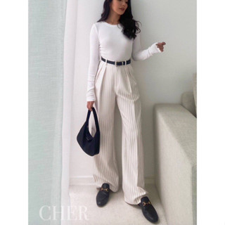 Striped Belt Pants#1551 กางเกงเอวสูงขากระบอกผ้าลาย ทรงสวยมากๆ มาพร้อมเข็มขัดฟาดๆ Classy สุด ผ้านิ่มทิ้งตัว