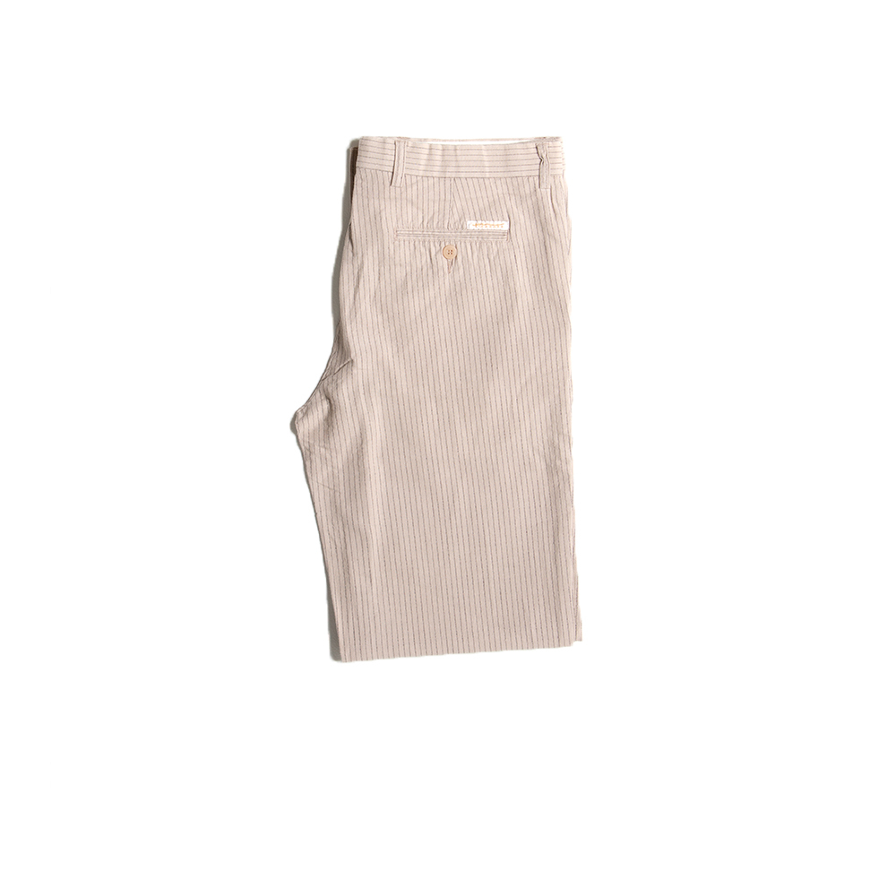 Hazard กางเกงทำงานขายาวลายทางไม่มีจีบ ผ้า Linen(ลินิน) สีเบท