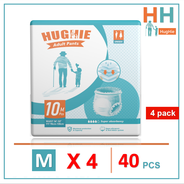 [สินค้าใหม่] HugHIe ผ้าอ้อมผู้ใหญ่ สูตรบางเบา มีอัตราการดูดซึมสูง 2000CC M/4pack（40pcs）กางเกง