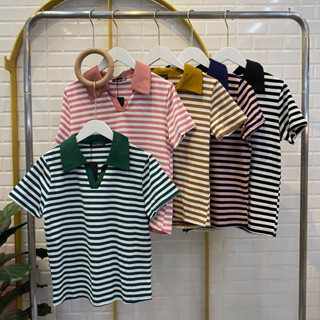 AMESTORE โปโลคอปกลายริ้วทรงเข้ารูป ไม่มีกระดุม เนื้อผ้าคอตตอนยืด ทรงสวย LADRESS