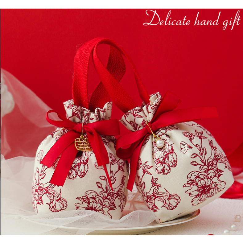 🍑GIFT🍑 ถุงผ้า หูรูด ผ้าดิบพิมพ์ลาย ผ้าลายดอกไม้