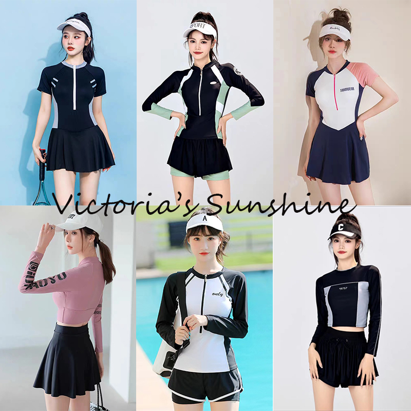 ชุดว่ายน้ําหญิง ชุดว่ายน้ํากีฬา ชุดว่ายน้ำ เสื้อแขนยาว ผ้ามืออาชีพ สไตล์ซิป อนุรักษ์นิยมเอวสูง จัดส่งที่รวดเร็ว#77