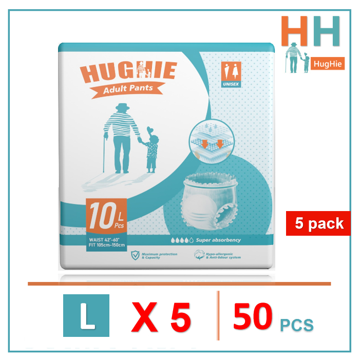 [สินค้าใหม่] HugHIe ผ้าอ้อมผู้ใหญ่ สูตรบางเบา มีอัตราการดูดซึมสูง 2000CC L/5pack（50pcs）กางเกงดูดซั