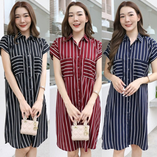 💥พร้อมส่ง ไซส์ 36-48 💥 เสื้อเชิ้ตยาว ชุดเดรสยาว Plus Size Striped Womens Dress