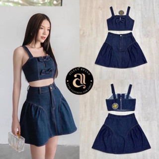 Code : M8 Aileen Set ชุดเซ็ต เสื้อครอปสายเดี่ยวมาคู่กับกระโปรงยีนส์สั้น สำหรับผู้หญิง ไซส์ Xs-L