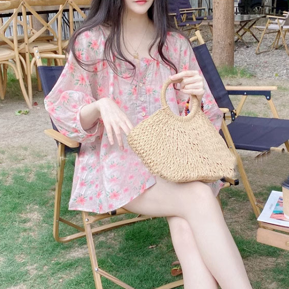 MU3005 เสื้อแขน3/4 พองๆทรง Over size แฟชั่น ผู้หญิง ผ้าชีฟองสุดพรีเมี่ยม ลายดอกไม้น่ารักๆสาวอวบใส่ได้ สีชมพู