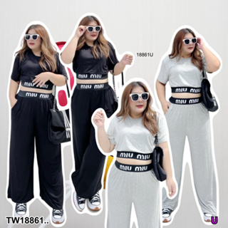 TwinsShopVip💗พร้อมส่ง  TW18861 set #Bigsize 2 ชิ้น เซทเสื้อครอปแขนสั้น แต่งขอบยาง + กางเกงขายาว ..