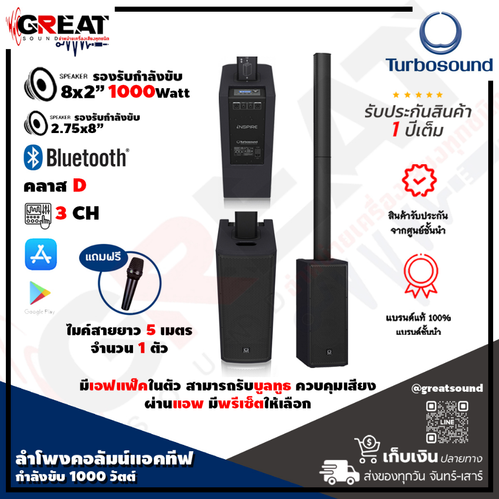 TURBOSOUND IP1000 V2 ลำโพงคอลัมน์ 8x2.75 นิ้ว ซับ 2×8 นิ้ว กำลังขับ 1000 วัตต์ คลาส D พร้อมกับมิกซ์ด