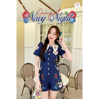 Navy Night Jumpsuit จั๊มสูทขาสั้นพิมพ์ลายสีกรม สวยขับผิว ผ้าอัดกาวมีซับใน มีฟองน้ำ เป้ายาวไม่รั้ง ใส่สบาย 0.5 ข้ามไซส์