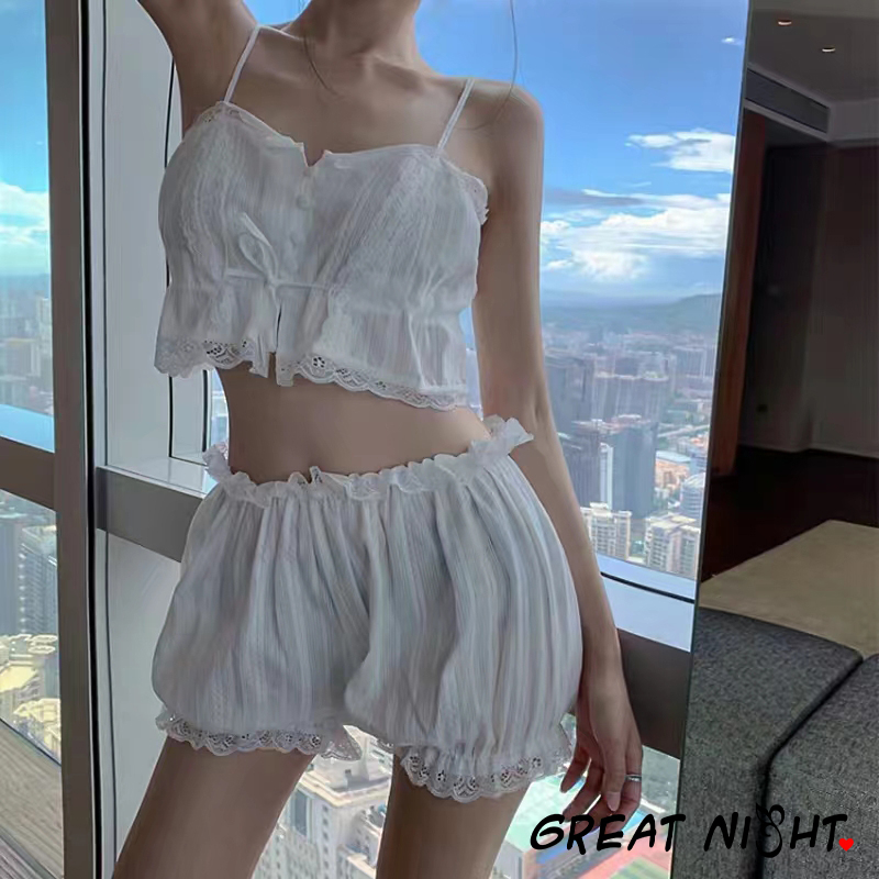 ชุดลำลองสตรี ชุดนอนผ้าฝ้าย สายเอี๊ยมด้านบน เย็บลูกไม้ ชุดสูทสองชิ้น ผ้านุ่มสบายH5092