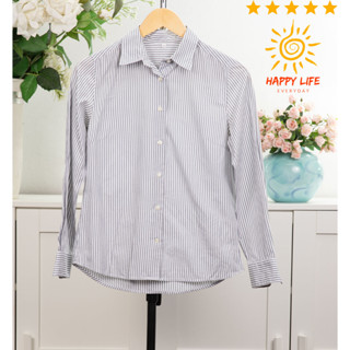 เสื้อมือสอง MUJI เสื้อเชิ้ตคอปกแขนยาว ผ้าคอตตอน กระดุมหน้าใส่สบายไม่ร้อน ผ้าดี ลายทางสีเทาเสื้อน่ารัก