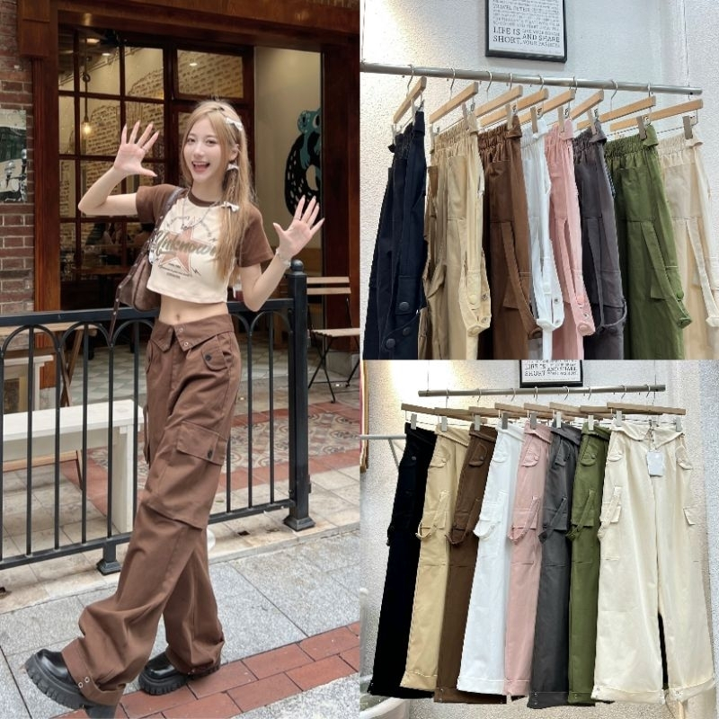 Gang_jeans #9192(โค้ด GANGAPR ลด 45.-)กางเกงขายาว พับเอว คาร์โก้เอวสูง กระเป๋าข้าง ผู้หญิง ผู้ชายใส่ได้ พร้อมส่ง