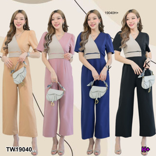 👗Pfashion [ส่งไวมาก🚛] P19040 จั้มยาวสีพื้นแต่งทูโทน เชือกเอว ซิปหลัง ..