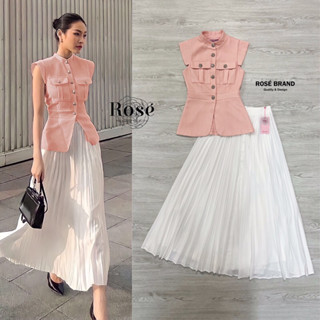 Setเสื้อแขนกุดสีชมพูพีช +กระโปรงอัดพรีทสีขาว Tag::Rose Brand