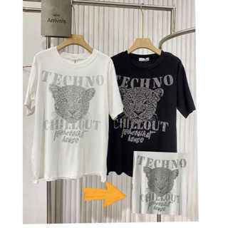 เสื้อยืดรีดเพชรเพชรหน้าเสือดาว techno 🐆ป้าย its me basic